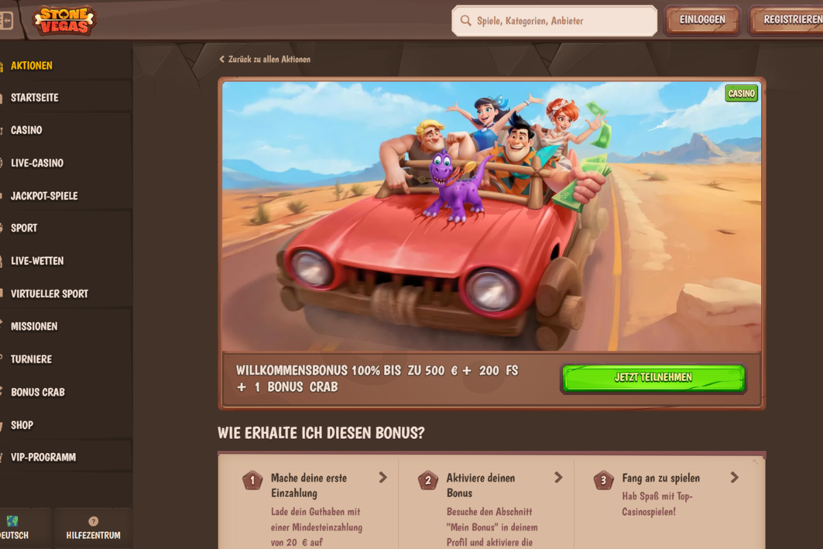 Stone Vegas Casino Willkommensbonus – bis zu 500 € + 200 Freispiele